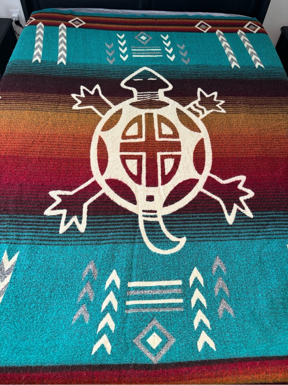 Southwestern Tribal Turtle Alpaca Wool Blend Large Blanket Throw Turquoise 74x88